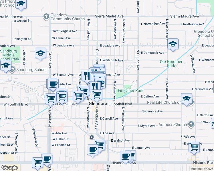 map of restaurants, bars, coffee shops, grocery stores, and more near 200 North Vista Bonita Avenue in Glendora