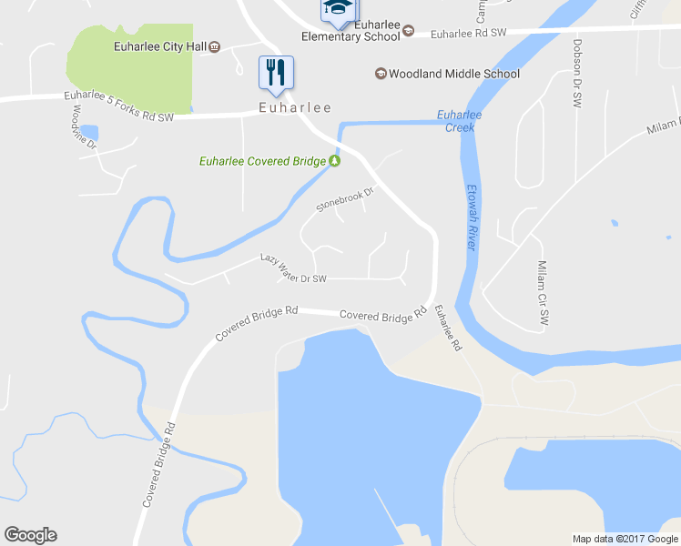 map of restaurants, bars, coffee shops, grocery stores, and more near 36 Lazy Water Drive Southwest in Euharlee