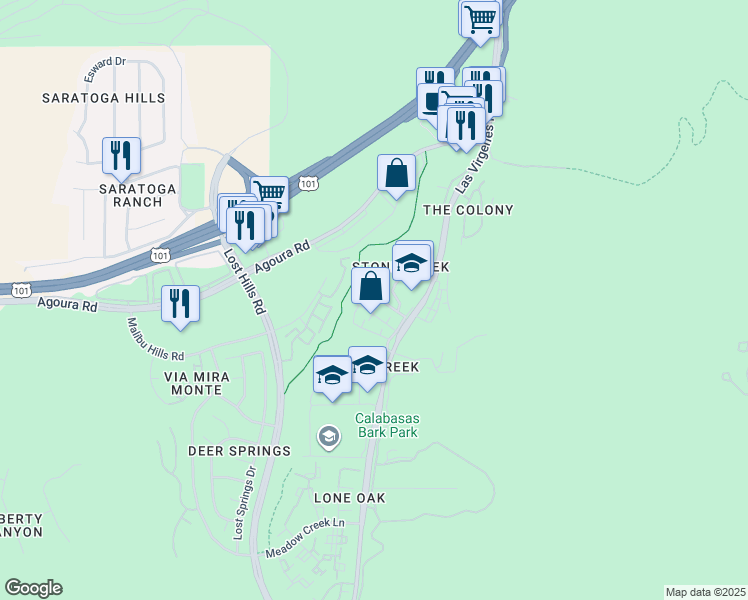 map of restaurants, bars, coffee shops, grocery stores, and more near 4329 Willow Glen Street in Calabasas