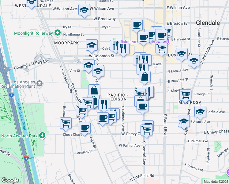 map of restaurants, bars, coffee shops, grocery stores, and more near 420 Riverdale Drive in Glendale