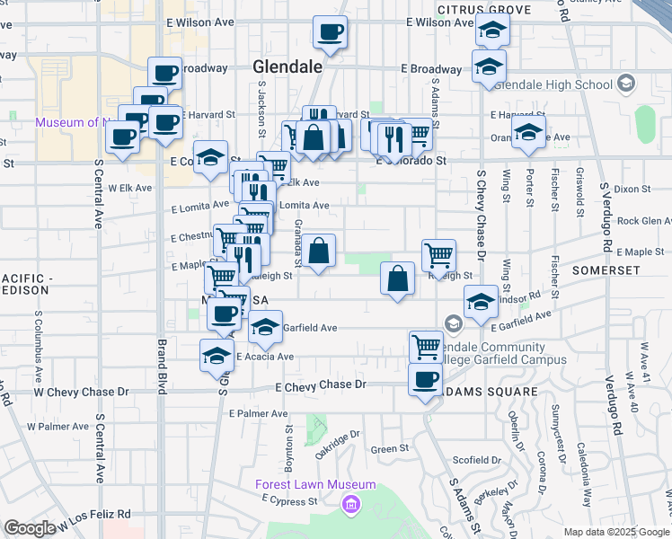 map of restaurants, bars, coffee shops, grocery stores, and more near 707 Raleigh Street in Glendale