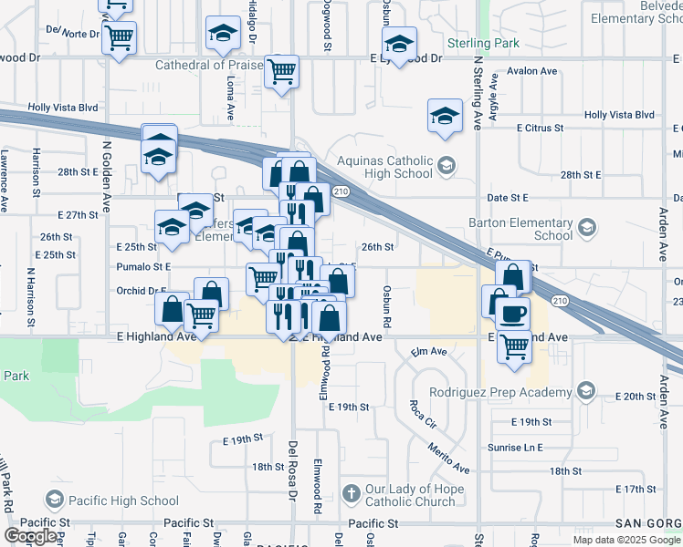 map of restaurants, bars, coffee shops, grocery stores, and more near 1683 Pumalo Street East in San Bernardino