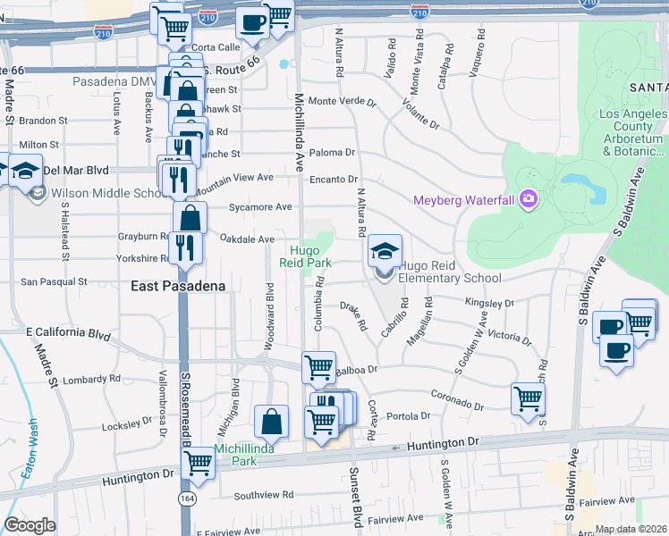 map of restaurants, bars, coffee shops, grocery stores, and more near 1136 Columbia Road in Arcadia