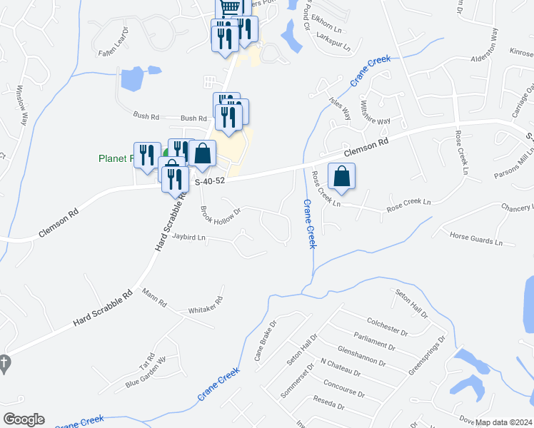map of restaurants, bars, coffee shops, grocery stores, and more near 300 Brook Hollow Drive in Columbia