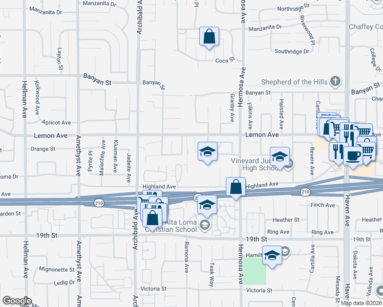 map of restaurants, bars, coffee shops, grocery stores, and more near 6369 Calle Hermoso in Rancho Cucamonga