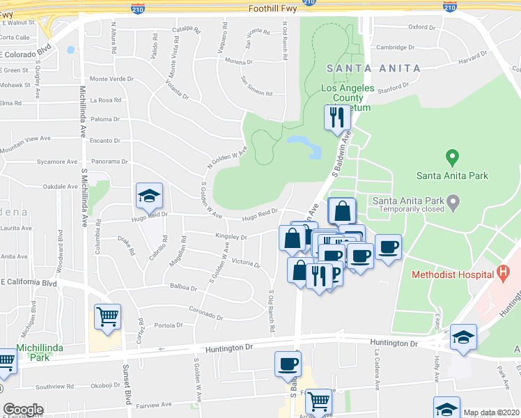 map of restaurants, bars, coffee shops, grocery stores, and more near 833 Hugo Reid Drive in Arcadia
