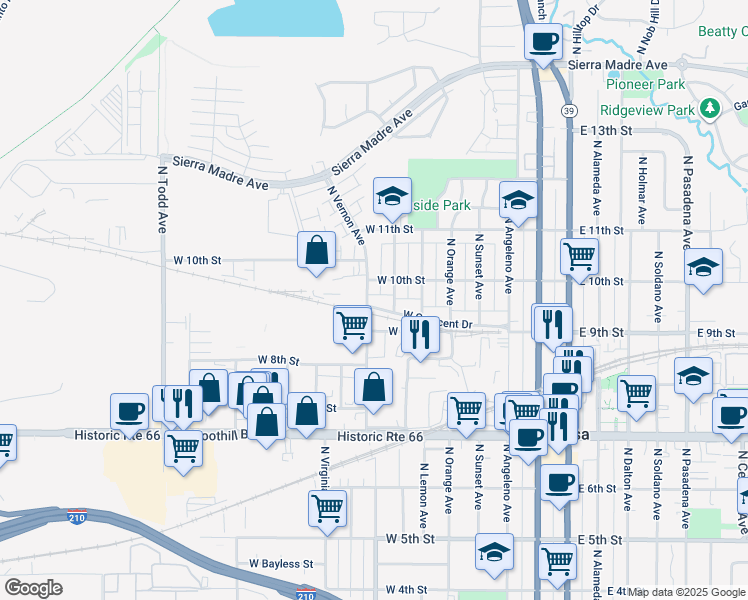 map of restaurants, bars, coffee shops, grocery stores, and more near 747 West Crescent Drive in Azusa