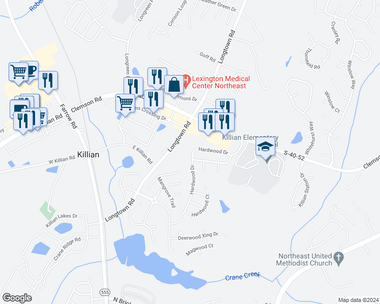 map of restaurants, bars, coffee shops, grocery stores, and more near 158 Hardwood Drive in Columbia