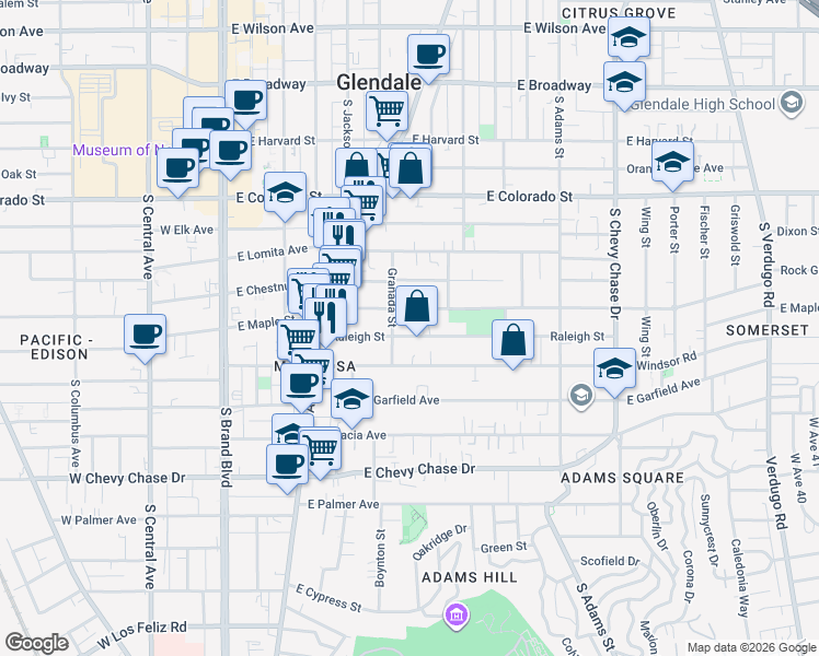 map of restaurants, bars, coffee shops, grocery stores, and more near 605 Raleigh Street in Glendale