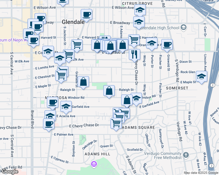 map of restaurants, bars, coffee shops, grocery stores, and more near 905 Raleigh Street in Glendale