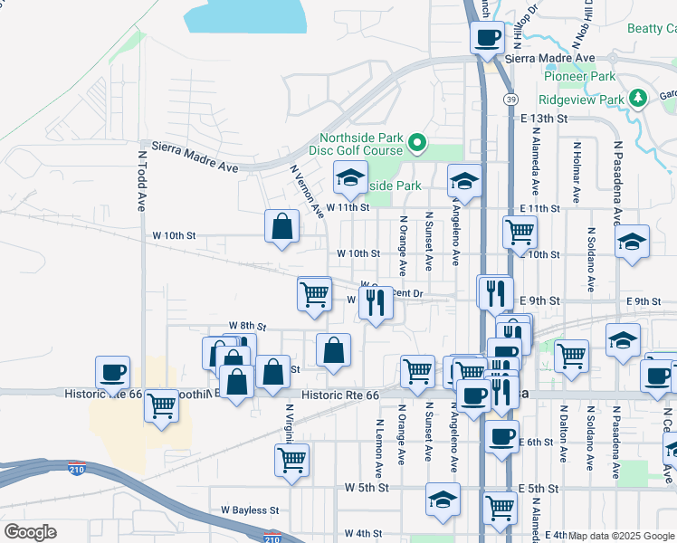 map of restaurants, bars, coffee shops, grocery stores, and more near 735 West Crescent Drive in Azusa