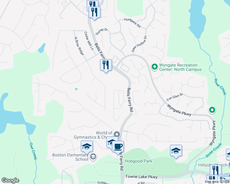 map of restaurants, bars, coffee shops, grocery stores, and more near 223 Ascott Lane in Woodstock