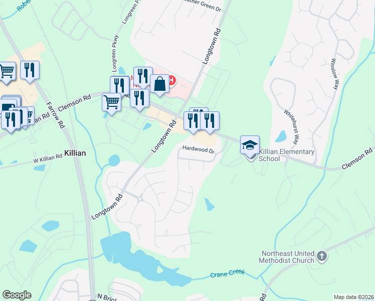 map of restaurants, bars, coffee shops, grocery stores, and more near 143 Hardwood Drive in Columbia