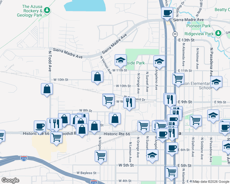map of restaurants, bars, coffee shops, grocery stores, and more near 745 West Crescent Drive in Azusa