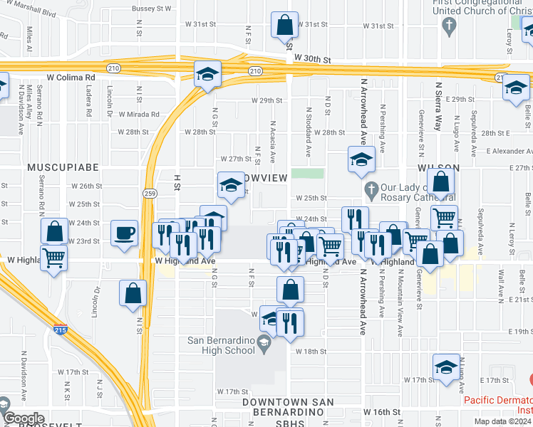 map of restaurants, bars, coffee shops, grocery stores, and more near 559 West 25th Street in San Bernardino