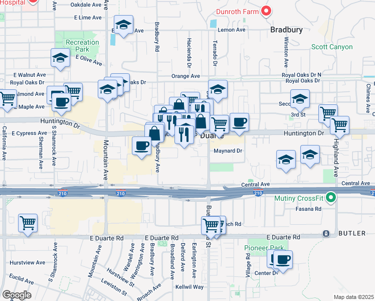 map of restaurants, bars, coffee shops, grocery stores, and more near 1200 Huntington Drive in Duarte