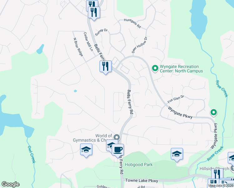 map of restaurants, bars, coffee shops, grocery stores, and more near 429 Belmont Way in Woodstock