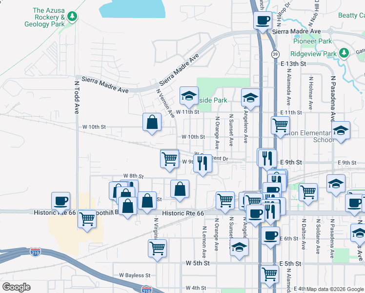 map of restaurants, bars, coffee shops, grocery stores, and more near 733 West Crescent Drive in Azusa