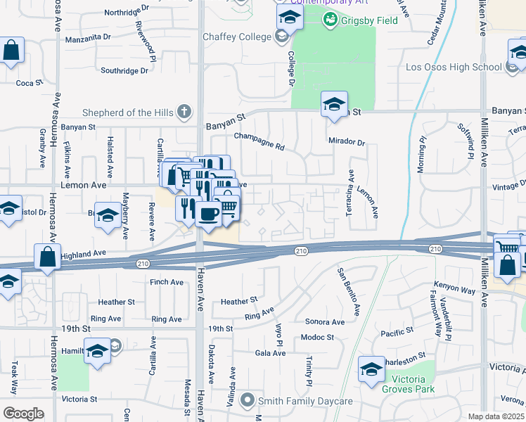 map of restaurants, bars, coffee shops, grocery stores, and more near 10757 Lemon Avenue in Rancho Cucamonga