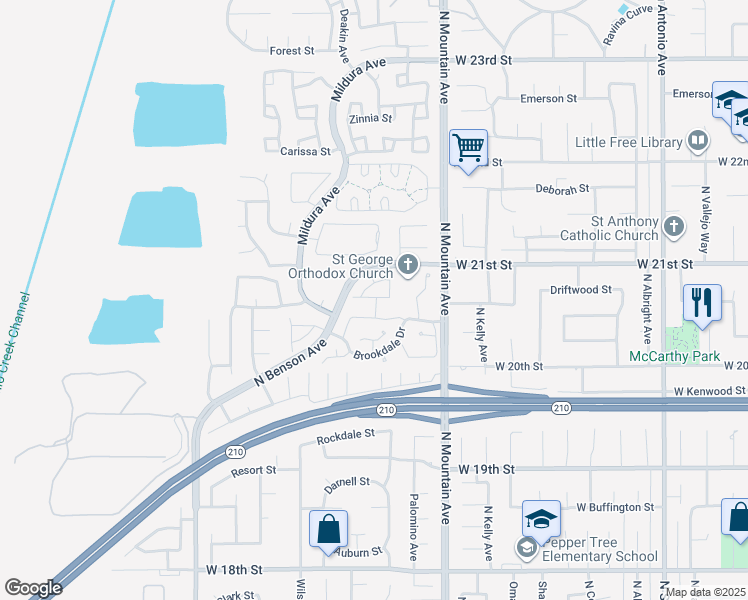 map of restaurants, bars, coffee shops, grocery stores, and more near 1320 Brookhaven Place in Upland