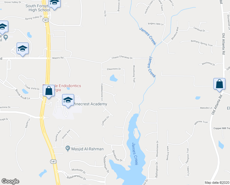 map of restaurants, bars, coffee shops, grocery stores, and more near 9105 Rushington Court in Cumming