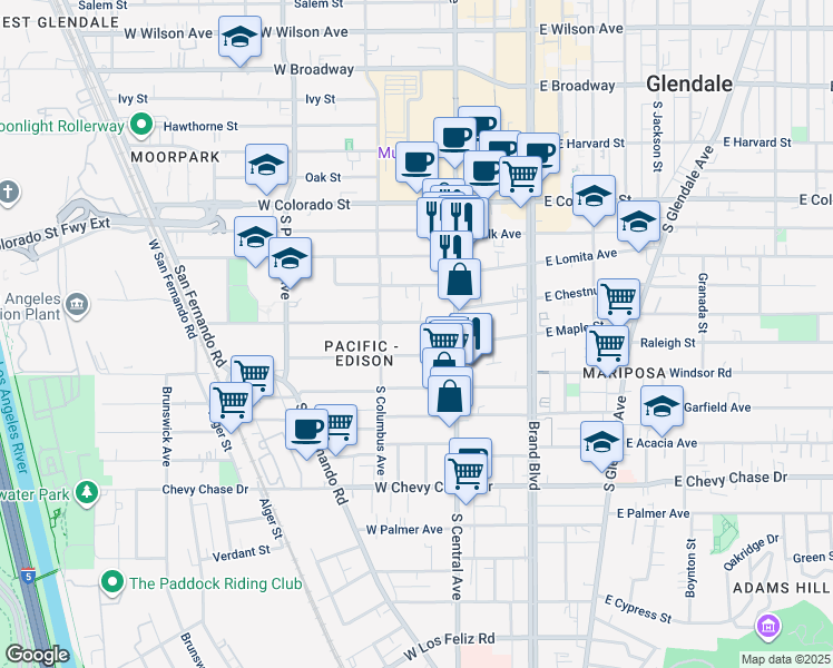 map of restaurants, bars, coffee shops, grocery stores, and more near 346 Riverdale Drive in Glendale