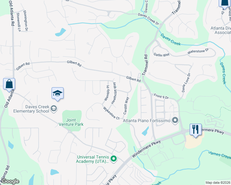 map of restaurants, bars, coffee shops, grocery stores, and more near 4475 Heathcliff Way in Cumming