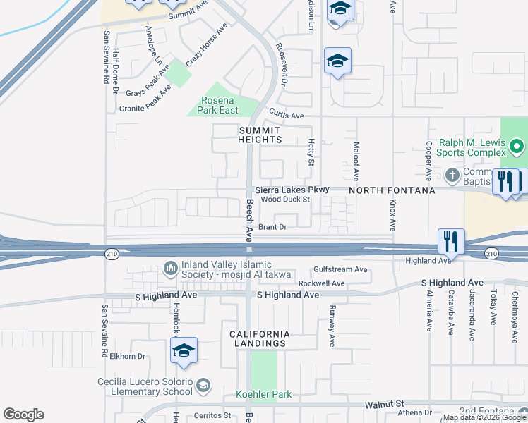 map of restaurants, bars, coffee shops, grocery stores, and more near 6361 Pintail Way in Fontana