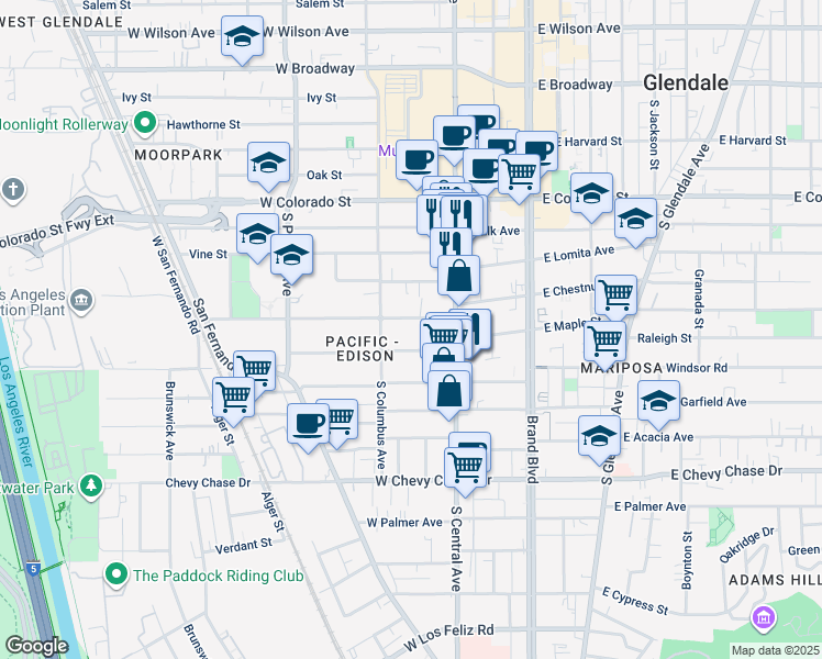 map of restaurants, bars, coffee shops, grocery stores, and more near 336 Riverdale Drive in Glendale