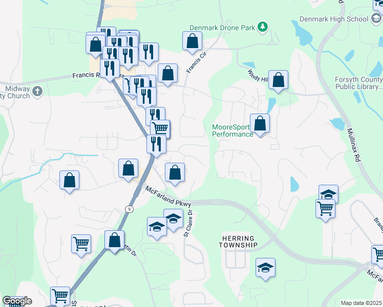 map of restaurants, bars, coffee shops, grocery stores, and more near 6145 Crested Moss Drive in Alpharetta