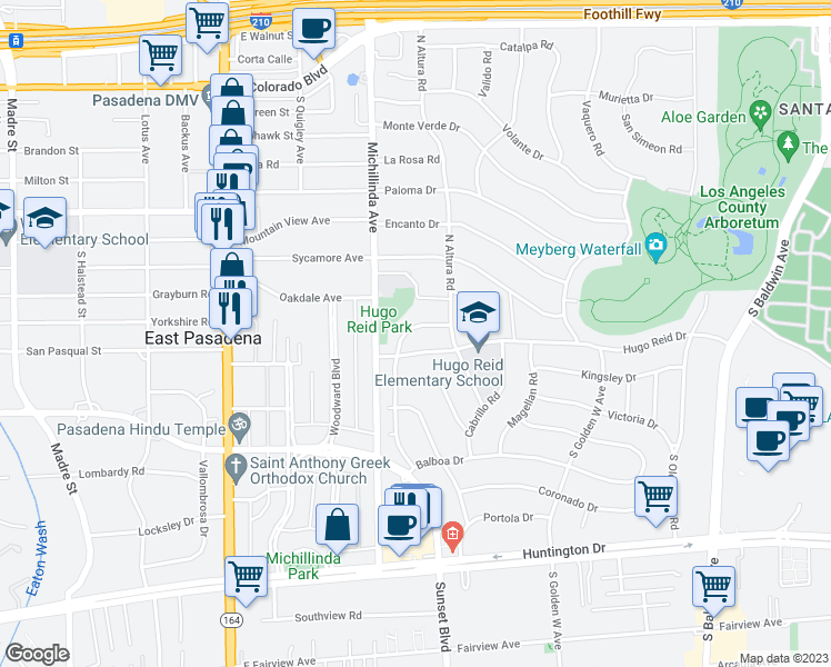map of restaurants, bars, coffee shops, grocery stores, and more near 1136 Columbia Road in Arcadia