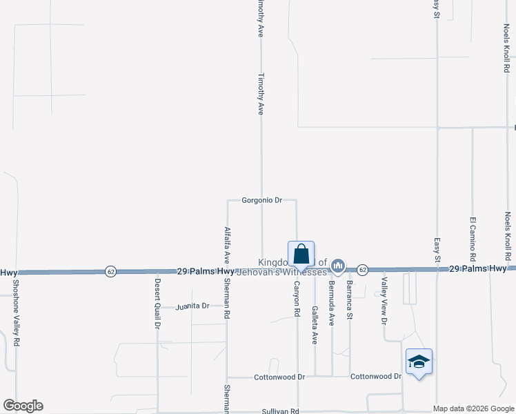 map of restaurants, bars, coffee shops, grocery stores, and more near 6320 Timothy Avenue in Twentynine Palms