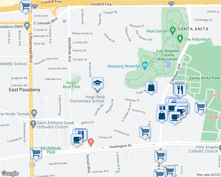 map of restaurants, bars, coffee shops, grocery stores, and more near 971 Hugo Reid Drive in Arcadia