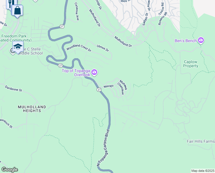 map of restaurants, bars, coffee shops, grocery stores, and more near 121 Navajo in Topanga