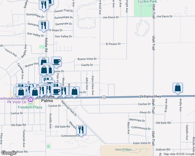 map of restaurants, bars, coffee shops, grocery stores, and more near 6358 Desert Knoll Ave in Twentynine Palms
