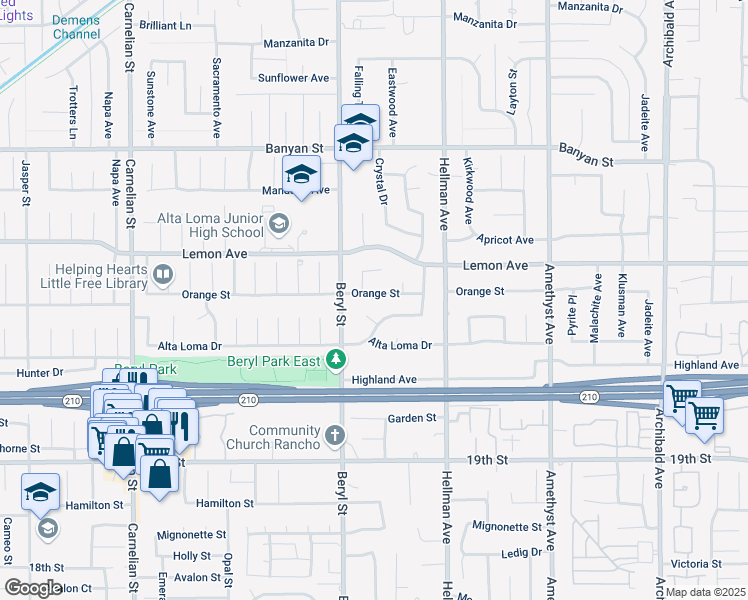 map of restaurants, bars, coffee shops, grocery stores, and more near 9163 Orange Street in Rancho Cucamonga