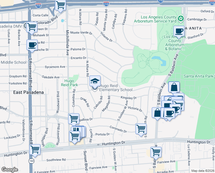 map of restaurants, bars, coffee shops, grocery stores, and more near 971 Hugo Reid Drive in Arcadia