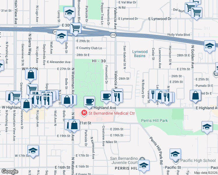 map of restaurants, bars, coffee shops, grocery stores, and more near 2517 Fremontia Drive in San Bernardino