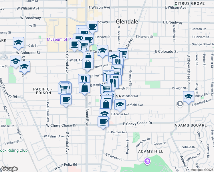 map of restaurants, bars, coffee shops, grocery stores, and more near 308 East Maple Street in Glendale