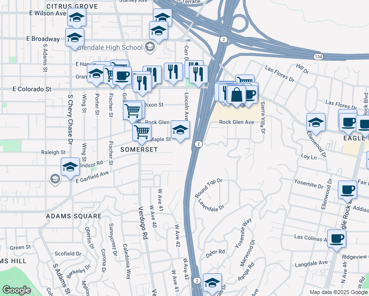 map of restaurants, bars, coffee shops, grocery stores, and more near 1523 East Windsor Road in Glendale