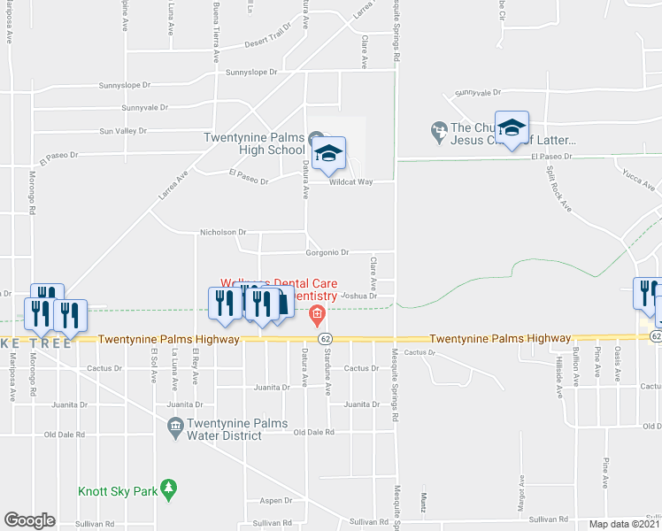 map of restaurants, bars, coffee shops, grocery stores, and more near 72751 Nicholson Drive in Twentynine Palms
