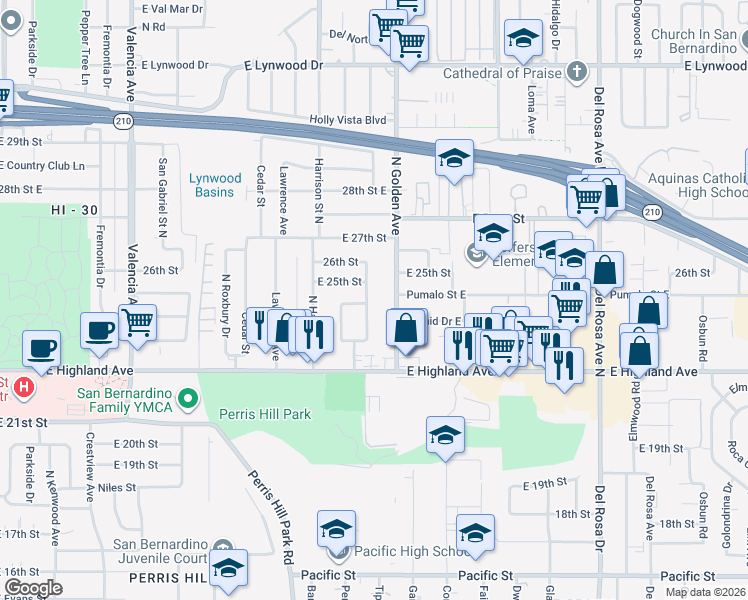 map of restaurants, bars, coffee shops, grocery stores, and more near 1162 East 24th Street in San Bernardino