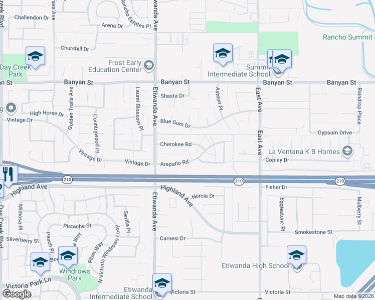 map of restaurants, bars, coffee shops, grocery stores, and more near 13029 Cherokee Road in Rancho Cucamonga
