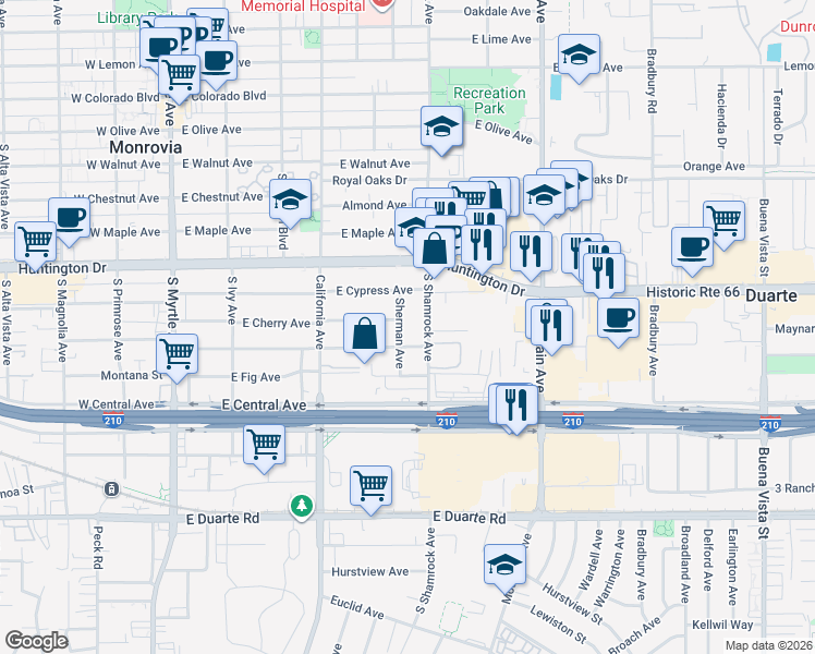 map of restaurants, bars, coffee shops, grocery stores, and more near 1234 Sherman Avenue in Monrovia