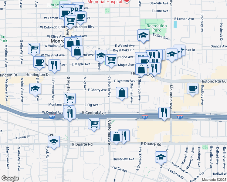 map of restaurants, bars, coffee shops, grocery stores, and more near 410 East Cherry Avenue in Monrovia