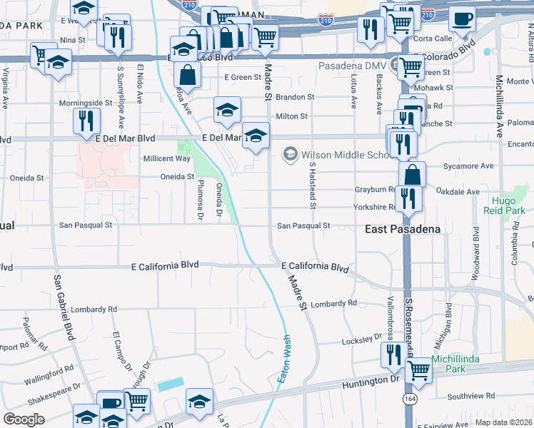 map of restaurants, bars, coffee shops, grocery stores, and more near 3364 Yorkshire Road in Pasadena