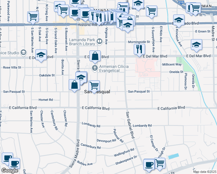 map of restaurants, bars, coffee shops, grocery stores, and more near 434 Northcliff Road in Pasadena