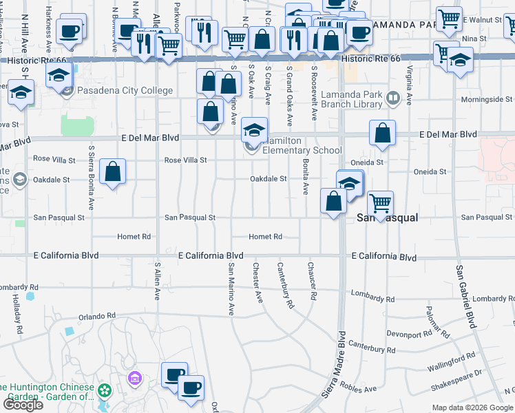 map of restaurants, bars, coffee shops, grocery stores, and more near 430 South Oak Avenue in Pasadena