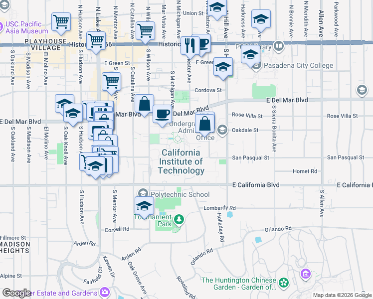 map of restaurants, bars, coffee shops, grocery stores, and more near in Pasadena