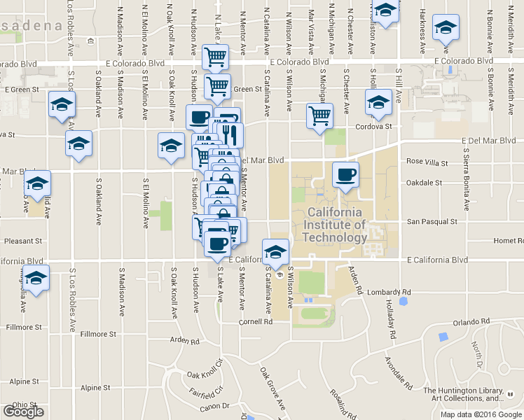 map of restaurants, bars, coffee shops, grocery stores, and more near 465 South Catalina Avenue in Pasadena